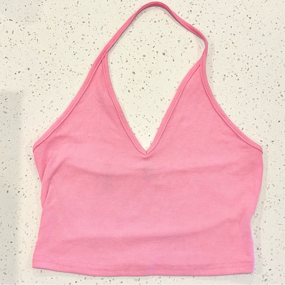 SHEIN Pink Ribbed Cropped Halter Top - Size: Medium